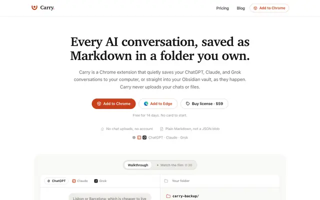 Screenshot of Carry — Save ChatGPT, Claude & Grok chats to Obsidian