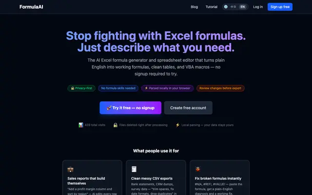 Screenshot of FormulaAI - AI Excel Table Generator & Editor