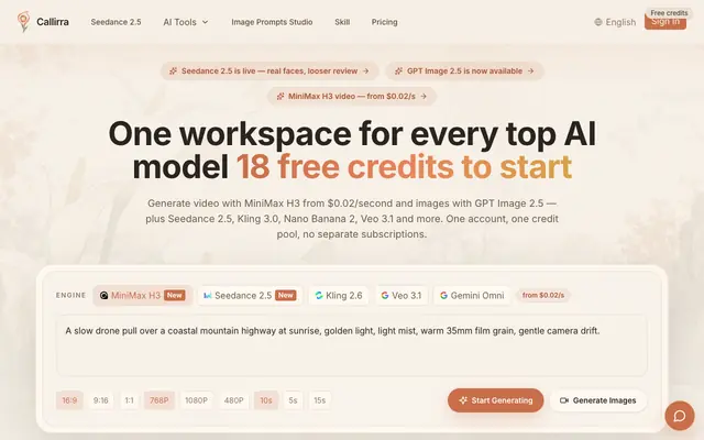 Screenshot of Callirra — AI Image & Video Generator
