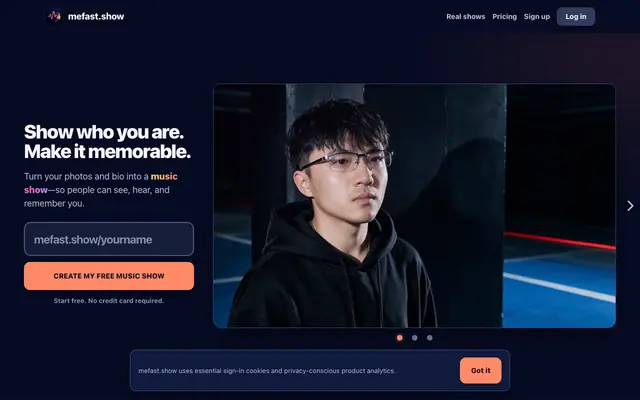 Screenshot of mefast.show — Show who you are. Make it memorable.