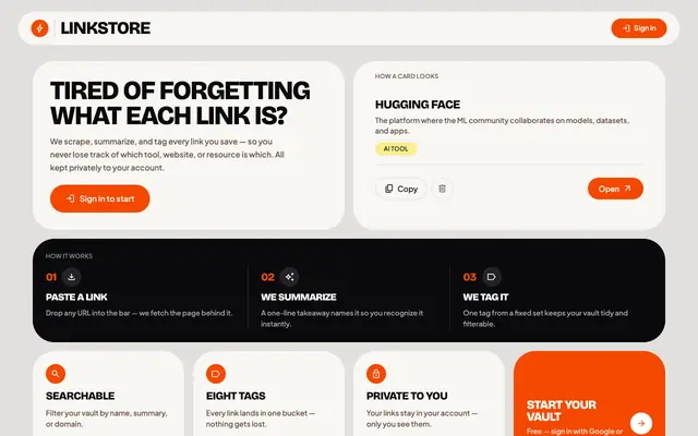 Screenshot of LinkStore — Save, summarize & tag any link
