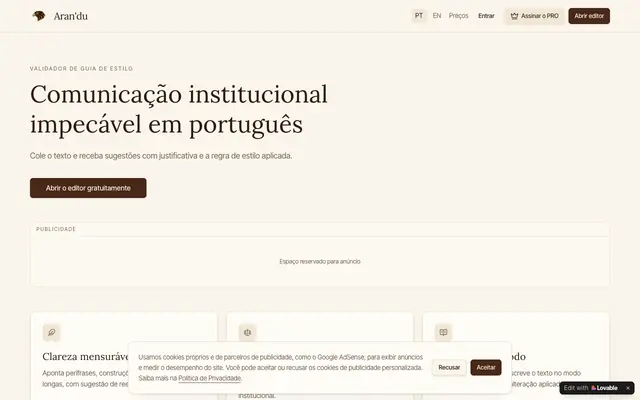 Screenshot of Aran'du — Validador de estilo corporativo em português