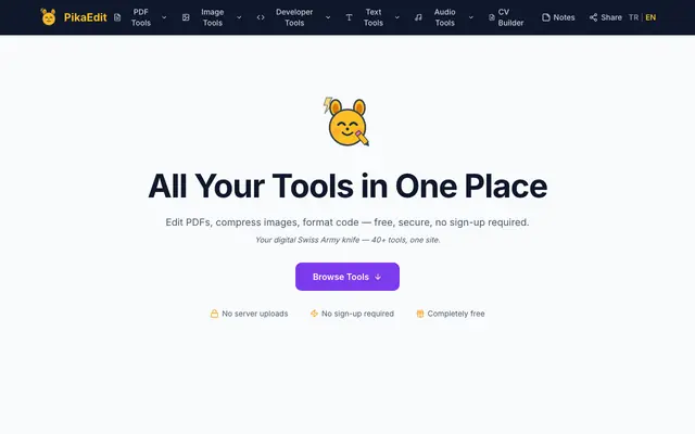 Screenshot of PikaEdit — Ücretsiz Online PDF, Görsel ve Geliştirici Araçları