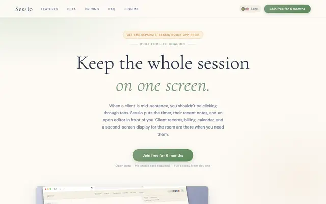 Screenshot of Sessio — Practice management software for life coaches