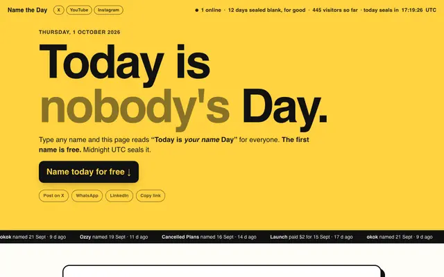 Screenshot of Name the Day — the first name of every day is free