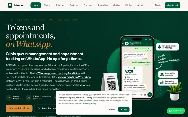 Screenshot of WhatsApp Clinic Queue Management System India | TOKENN
