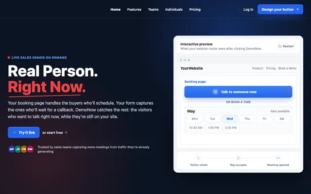 Screenshot of DemoNow - Live Sales Demo Widget for High-Intent Website Visitors