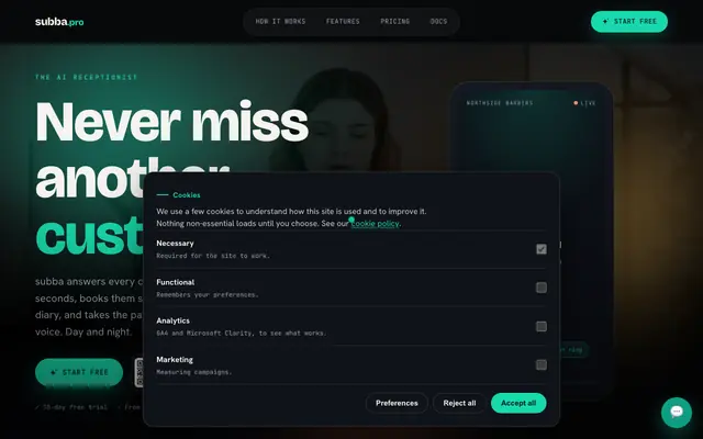 Screenshot of subba: the AI receptionist that books your customers in