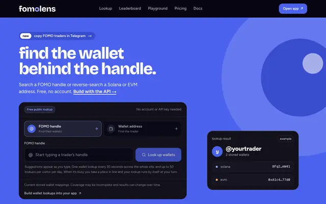 Screenshot of Unofficial fomo.family API & Free FOMO Wallet Lookup | FomoLens