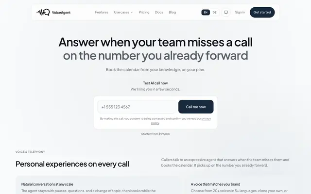 Screenshot of VoiceAgent — AI phone agent for missed calls