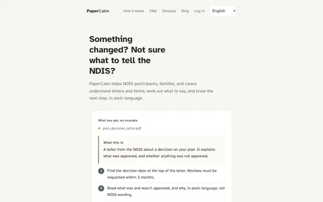 Screenshot of PaperCalm — Turn confusing paperwork into one calm next step.