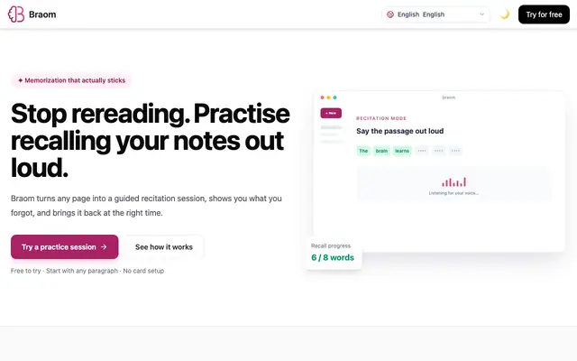 Screenshot of Braom — Active Recall and Memorization Practice