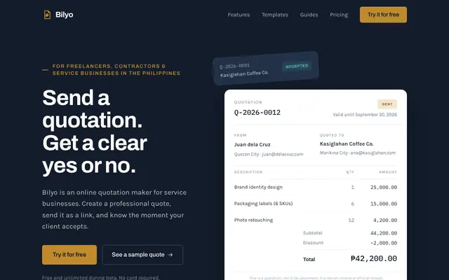 Screenshot of Online Quotation Maker for Service Businesses | Bilyo