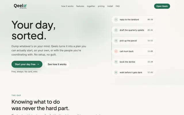 Screenshot of Qeelo — your day, sorted