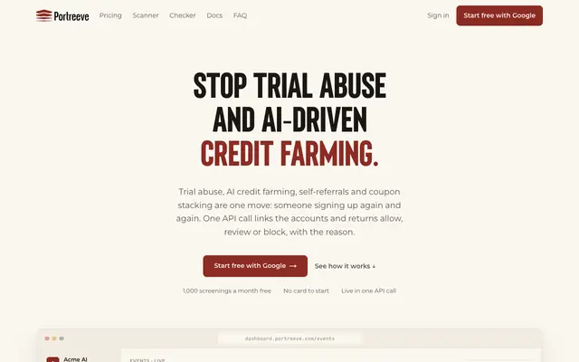 Screenshot of Portreeve — Stop trial abuse and AI credit farming
