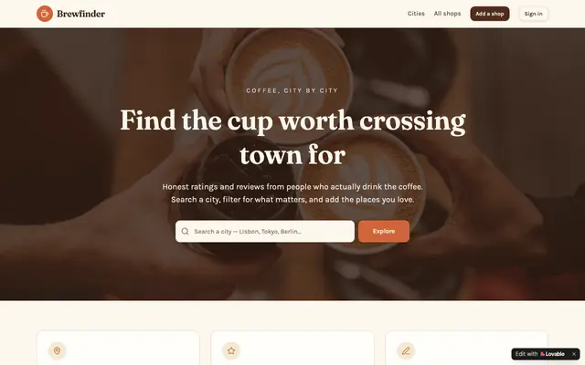 Screenshot of Brewfinder — Discover and rate coffee shops by city