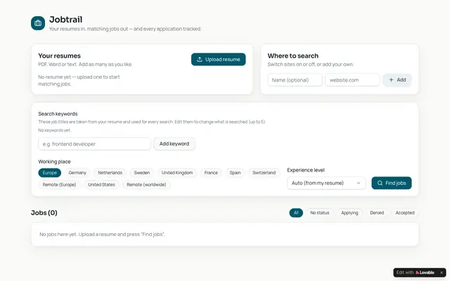 Screenshot of Jobtrail — resume-matched job search