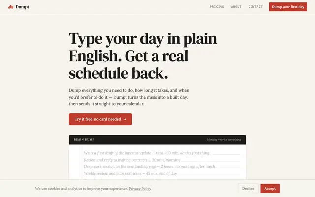 Screenshot of Type your day, get a schedule back | Dumpt