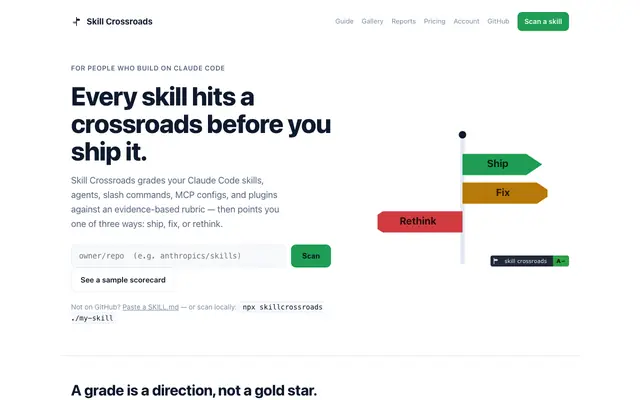 Screenshot of Skill Crossroads — Know before you ship.