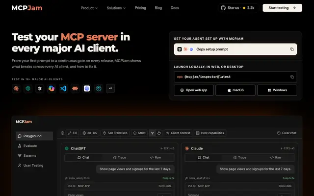Screenshot of MCPJam — MCP server testing, debugging & evals