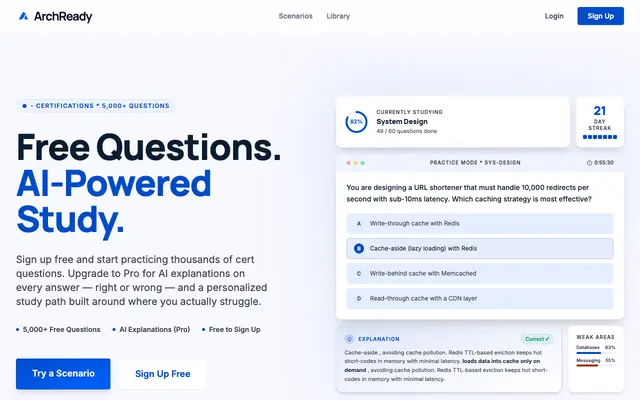 Screenshot of ArchReady - Free Cert Practice. AI-Powered Study.