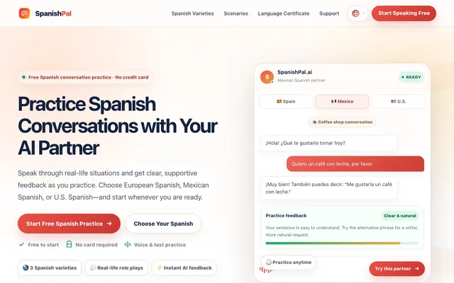 Screenshot of Free Spanish Conversation Practice with AI | SpanishPal
