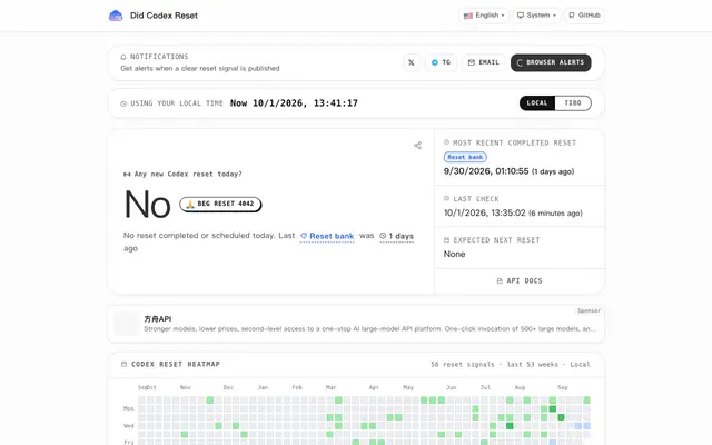 Screenshot of Codex Reset Tracker — Did Codex Reset Today? · CodexRunway