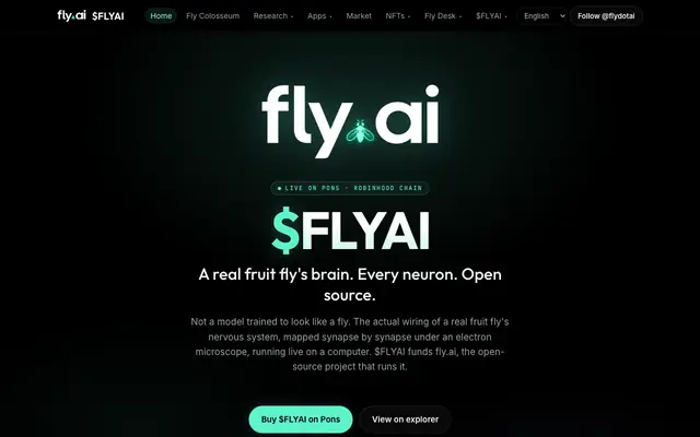Screenshot of $FLYAI — a real fruit fly brain on Robinhood Chain