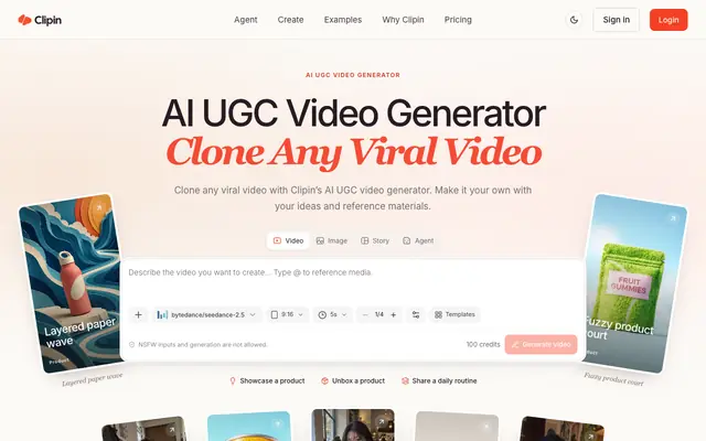 Screenshot of AI UGC Video Generator for Product Videos & Stories | Clipin