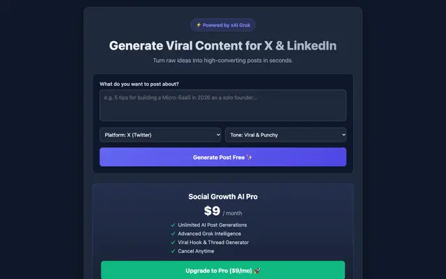 Screenshot of Social Growth AI - Viral Posts in Seconds