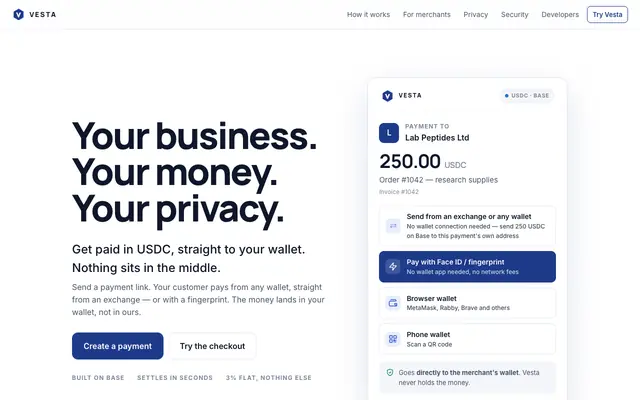 Screenshot of Vesta — USDC payments for merchants