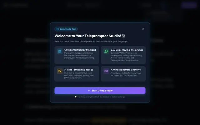 Screenshot of E Teleprompter - Free Online Teleprompter Studio with Voice Sync