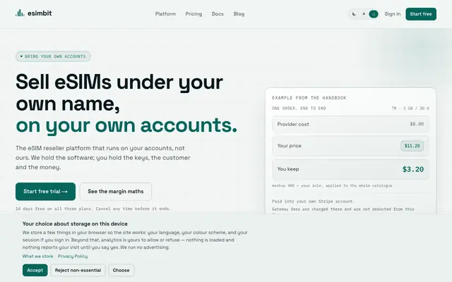 Screenshot of Sell eSIMs under your own name, on your own accounts. | Esimbit