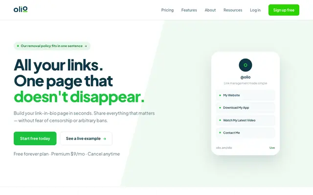 Screenshot of Link In Bio, Social Media Profile Link Tool, Link Manager - Olio