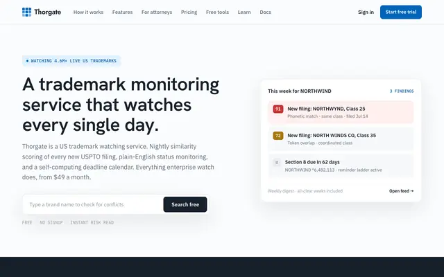 Screenshot of Trademark Monitoring Services & Software · Thorgate