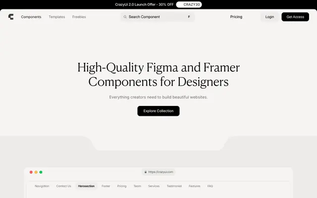 Screenshot of CrazyUI — Figma Component Library & Framer Templates for Designers
