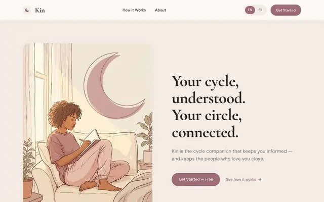 Screenshot of Kin — Your cycle, understood. Your circle, connected.