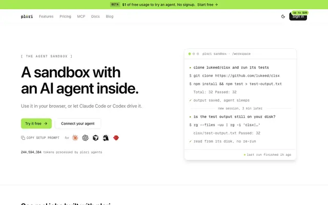 Screenshot of plori · a cloud AI agent with its own persistent environment