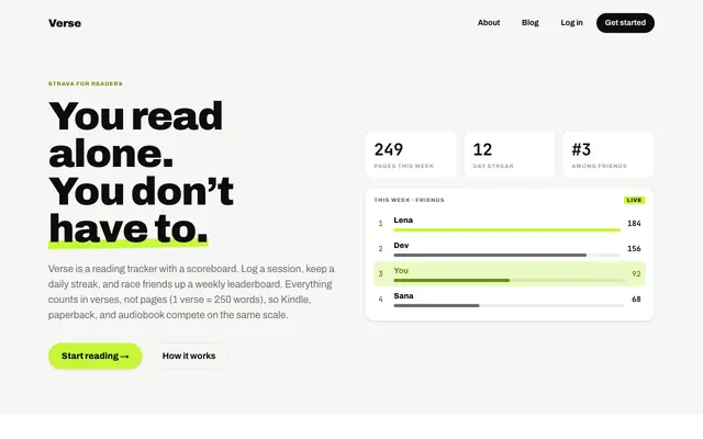 Screenshot of Verse: Strava for readers