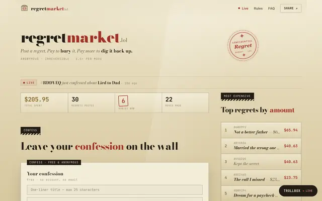 Screenshot of RegretMarket.lol — Pay to bury a regret. Pay more to dig it back up.