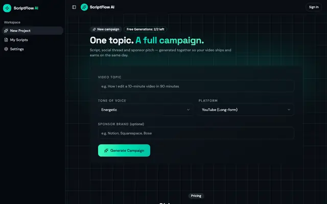 Screenshot of ScriptFlow AI — Generate Video Scripts & Sponsor Pitches