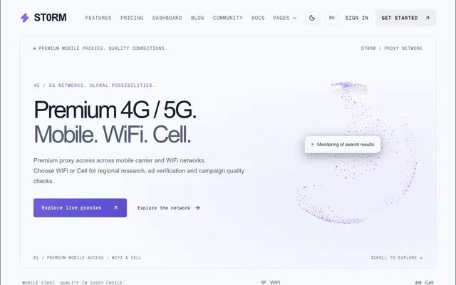 Screenshot of ST0RM | Premium 4G/5G Mobile Proxies · WiFi & Cell