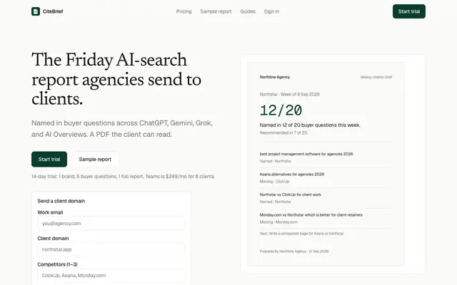 Screenshot of CiteBrief · The Friday PDF your client actually reads