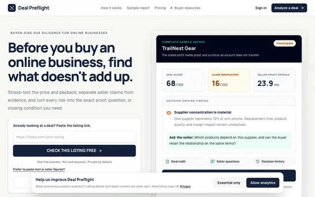 Screenshot of Online Business Due Diligence Software | Deal Preflight
