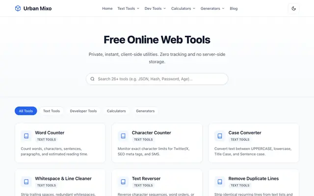 Screenshot of Free Online Web Tools & Developer Utilities — Urban Mixo