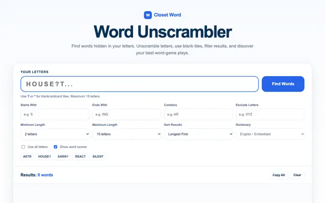 Screenshot of Word Unscrambler & Word Finder - ClosetWord