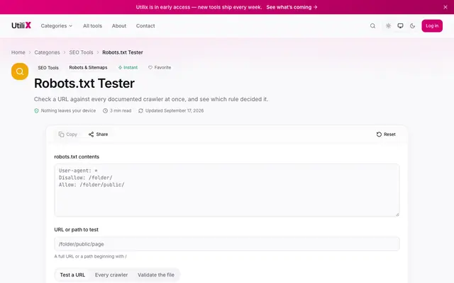 Screenshot of Robots.txt Tester | Utilix