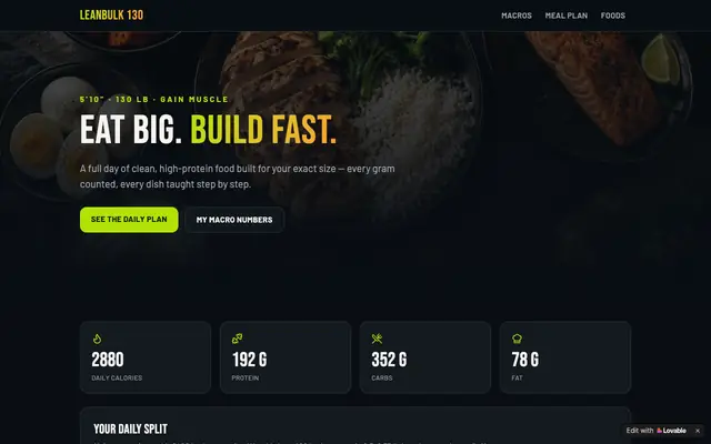 Screenshot of LeanBulk 130 — Muscle-Gain Diet Plan for 5'10", 130 lb