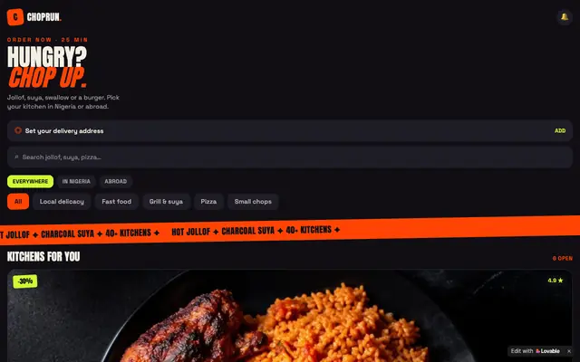 Screenshot of ChopRun — Jollof, suya & fast food delivered