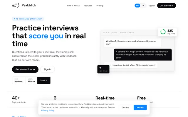 Screenshot of Peakblick — AI Technical Interview Practice